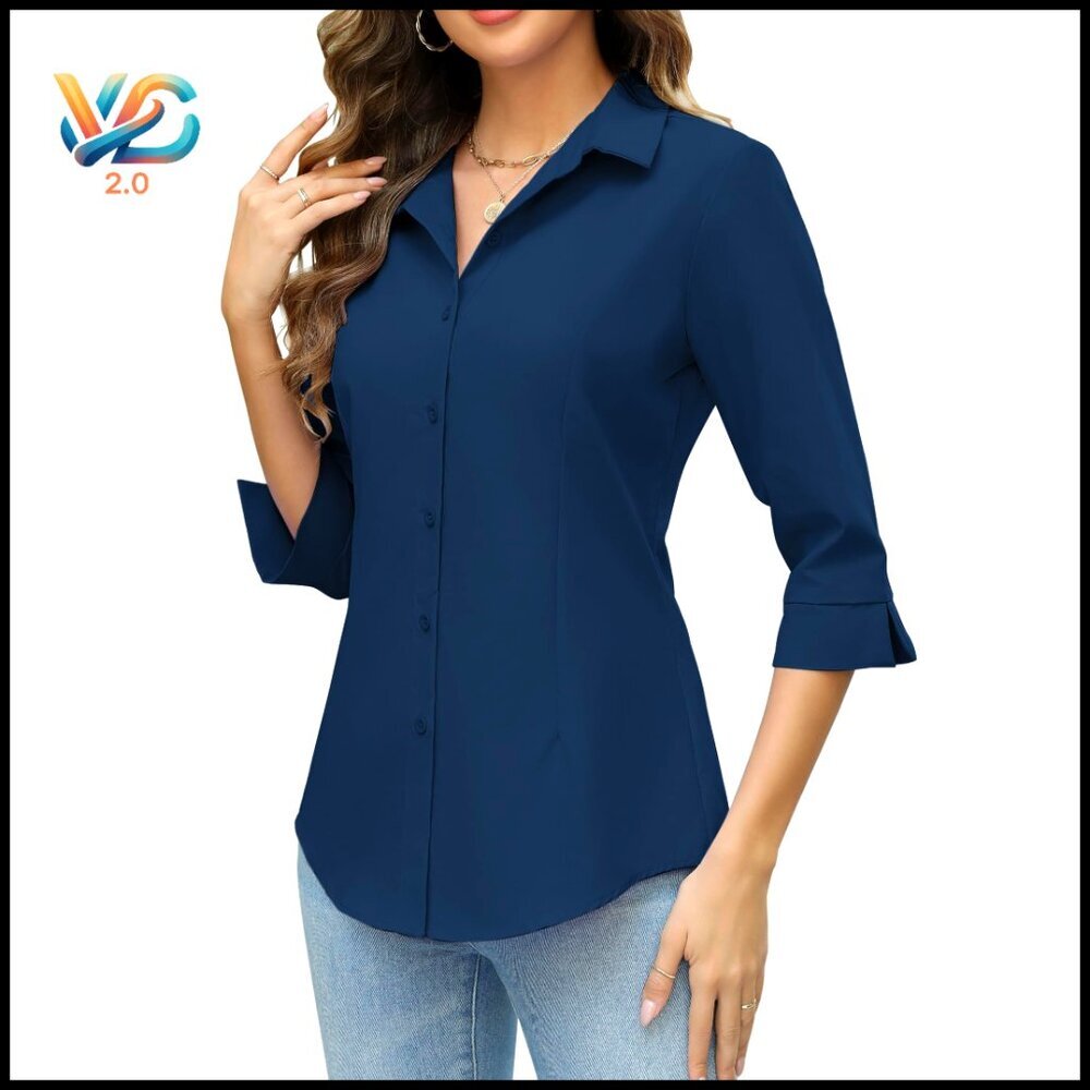Slim Fit 3/4 Sleeve Button Down Blouse Polyester Business Casual Topâ